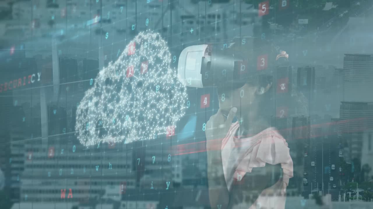 디지털 클라우드와 숫자의 애니메이션: vr 헤드과 시티스케이프에 있는 아프리카계 미국인 여성