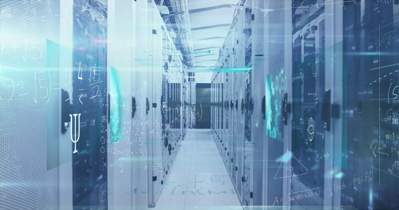 Animation of data processing over tech room with computer servers