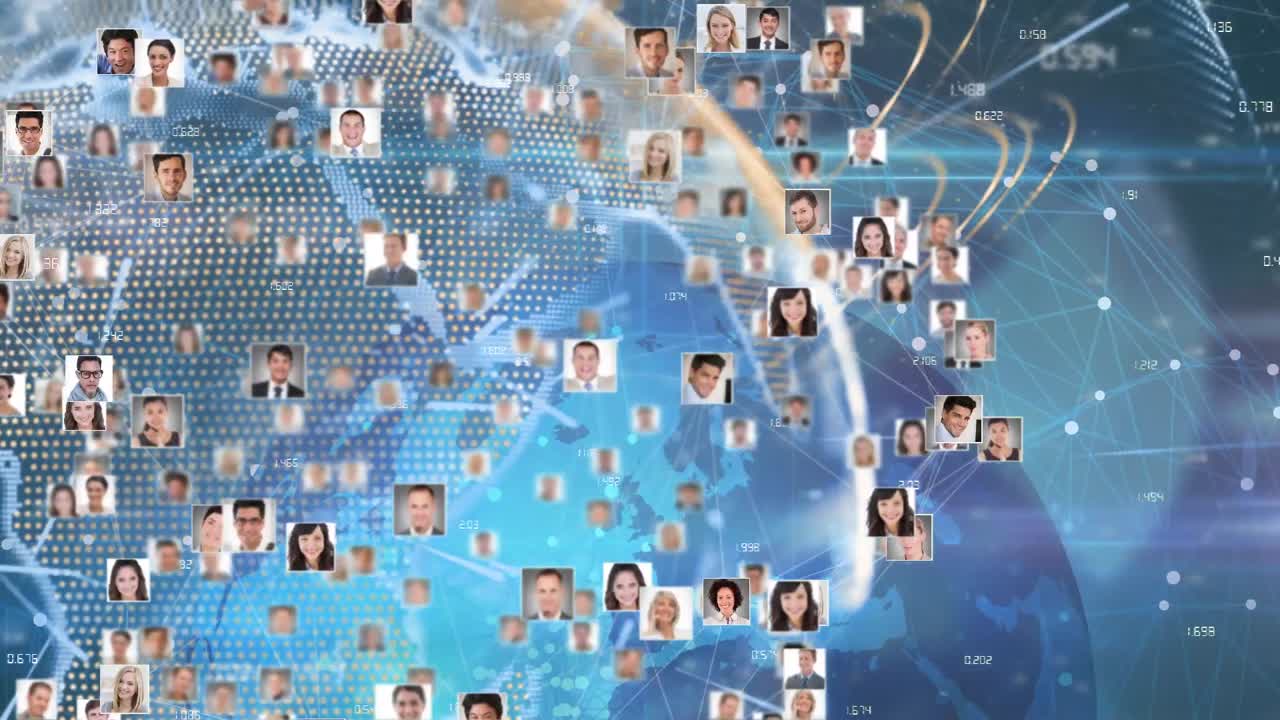 전 세계에 있는 다양한 사람들의 아이콘의 애니메이션과 데이터 처리