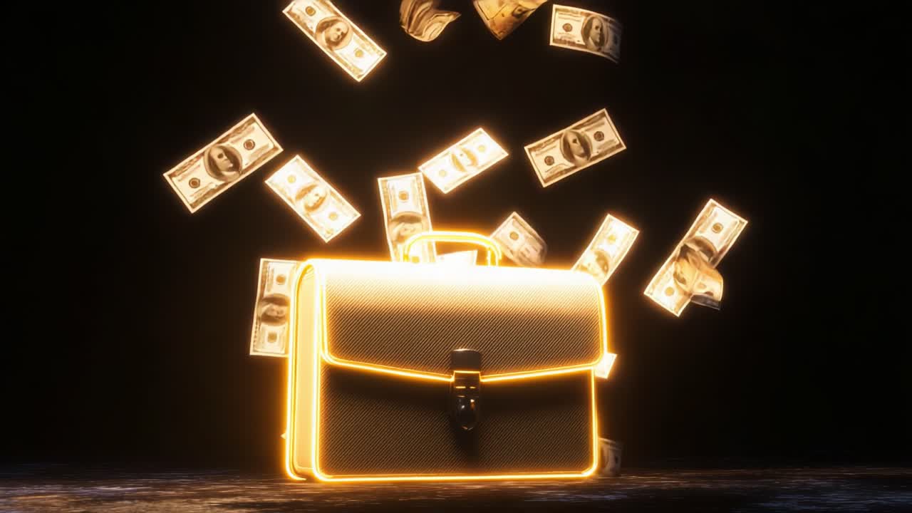 A mesmerizing visual of abundance, as a glowing briefcase exudes cash in a dramatic display, symbolizing wealth, opportunity, and the allure of financial success in an artistic manner
