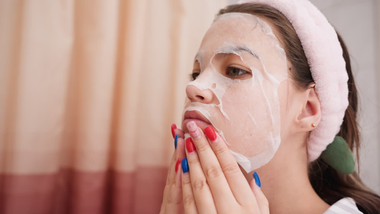 Woman Applying Face Mask, Young Lady Using Skincare Mask, Closeup Of Woman Enhancing Serum Absorption With Sheet Mask, Serene Scene Of Young Woman Carefully Applying Sheet Mask For Skincare