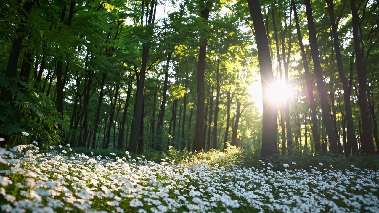 Sunlit forest scene with white flowers, captured from a low angle