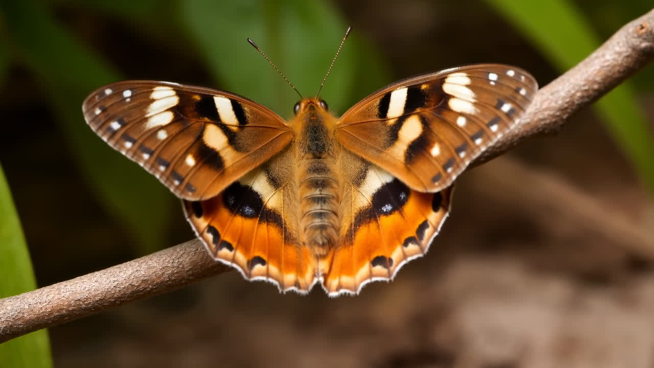 Primo piano di farfalla arancione su ramo, atmosfera da studio di entomologo, ali vivaci con macchie bianche e nere, antenne