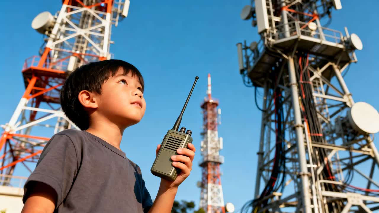 無線を持ち、Tシャツを着た子供が電波を探してタワーを見上げ、カメラが移動し、コピースペースがあります。