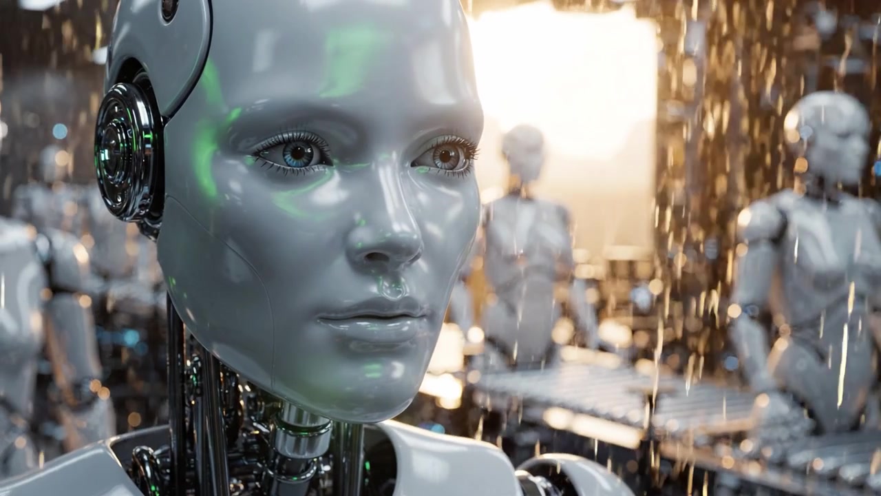 Una scena futuristica che mostra un robot umanoide su uno sfondo di macchinari avanzati, evidenziando tecnologia, emozioni e il potenziale dell'intelligenza artificiale