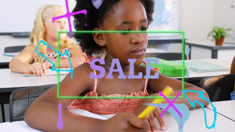 animation of sale text and shapes over diverse schoolchildren