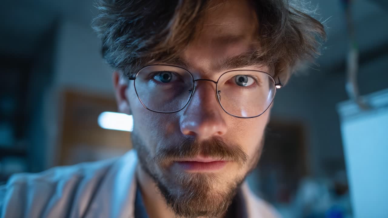 Close-Up Portrait of a Focused Young Man with Glasses in a Lab Environment, Highlighting Curiosity and Intensity in His Expression and Eye Contact