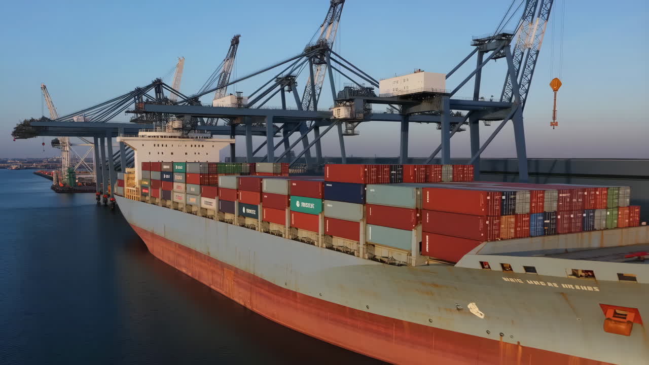 Large Cargo Ship with Containers Docked at Port
