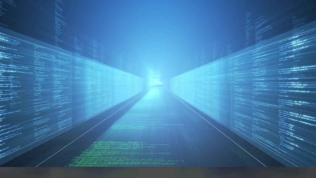 Animation of data processing over corridor with digital screens