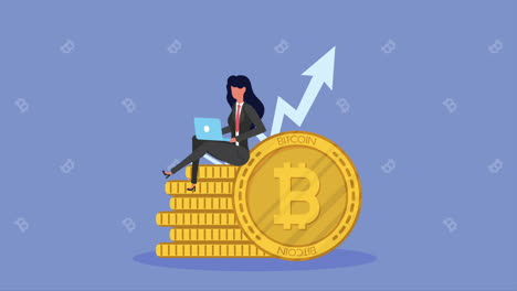 businesswoman using laptop with bitcoins animation