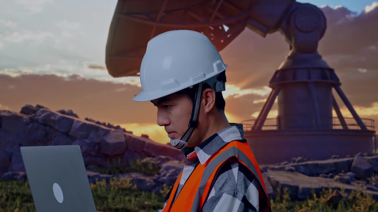 Close Up Side View Of Asian Male Engineer With Safety Helmet Working On A Laptop While Standing With Large Satellite Dish