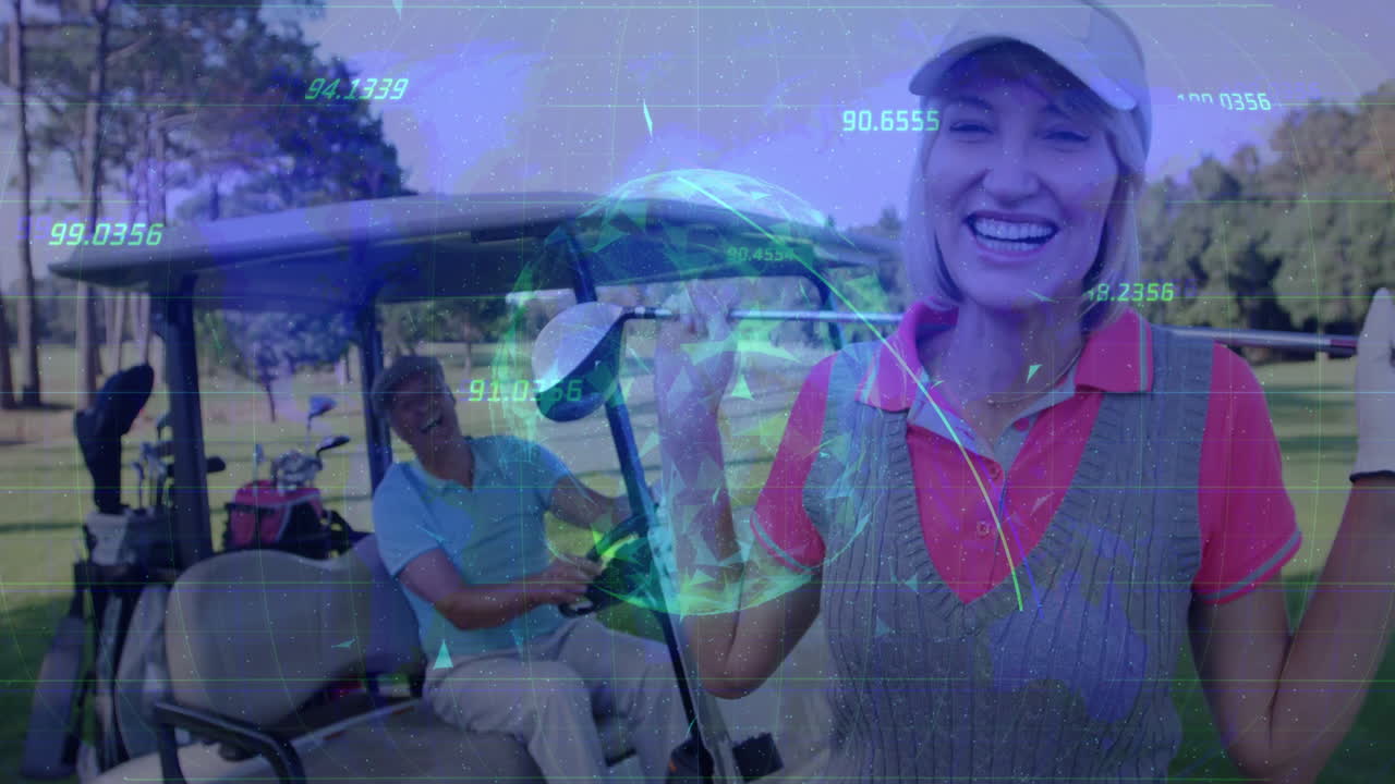 woman golfer holding club behind neck on sunlit fairway, showing animated technology data overlay
