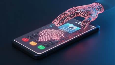 futuristic digital interface showcasing biometric authentication via holographic hand interaction with a smartphone's touchscreen for enhanced security and user experience