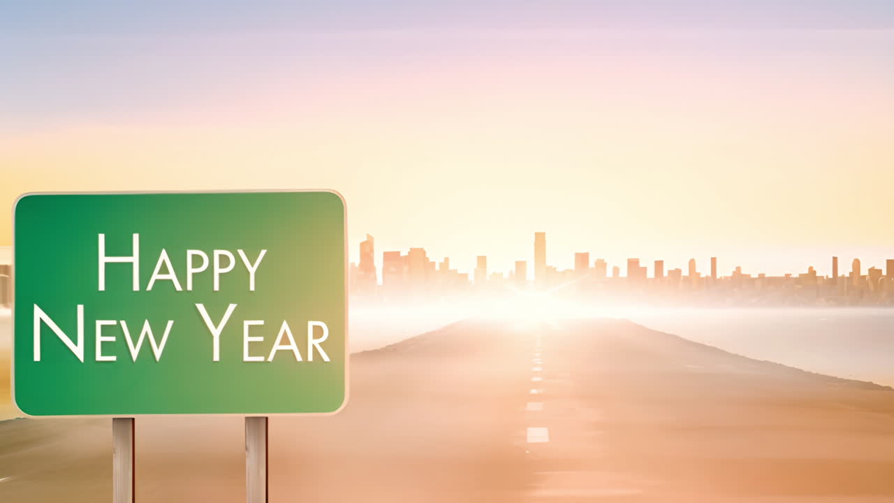 Happy New Year Road Sign on Highway Towards City Skyline at Dawn