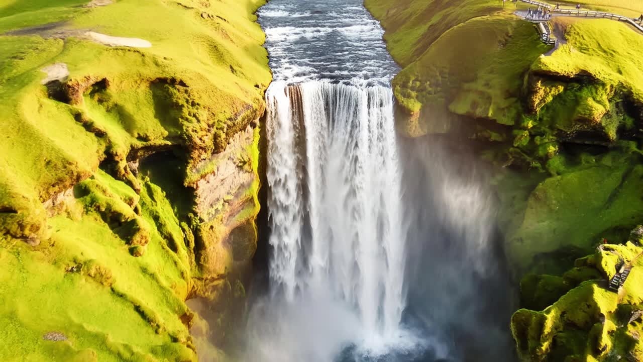 la belleza de una magnífica cascada en cascada a través de un paisaje verde exuberante en islandia