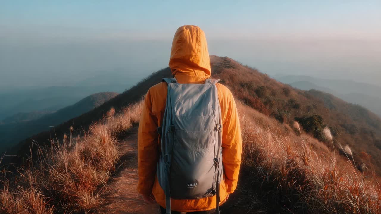 A Traveler in a Yellow Jacket Trekking a Scenic Mountain Path, Surrounded by Lush Nature and Rolling Hills Under a Clear Sky at Sunrise