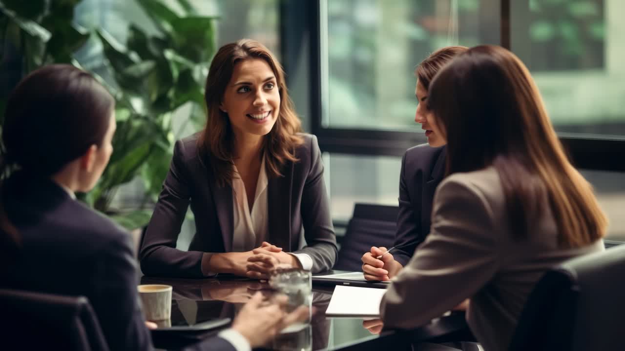 A professional meeting scene with four businesswomen in a modern office