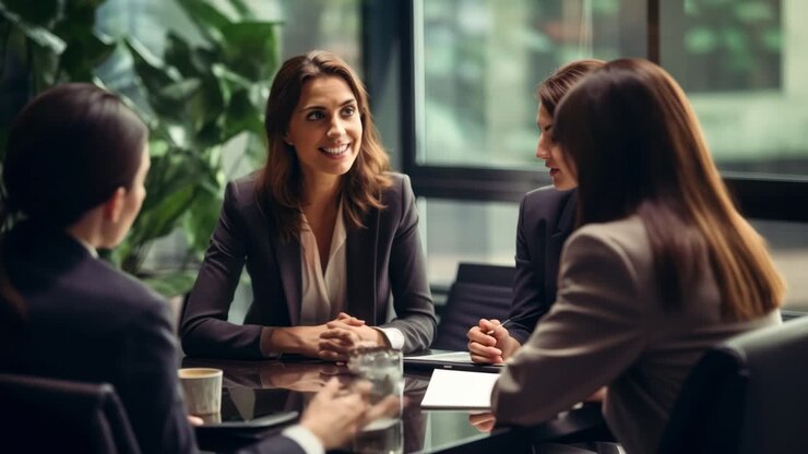 A professional meeting scene with four businesswomen in a modern office