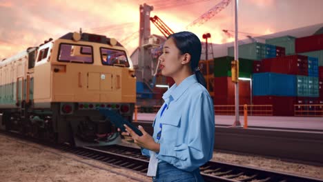 side view of asian female professional worker with freight cargo train at port, observes by looking up before she come to concentrating on the tablet and keep on checking