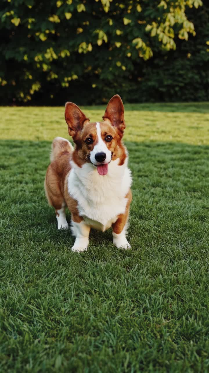 Un Corgi juguetón parado sobre hierba exuberante, capturado desde un ángulo bajo, mostrando su expresión alegre.