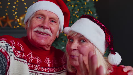 Familia-Madura-Tomando-Selfie-En-Teléfono-Móvil,-Comunicando-Videollamadas-En-Línea-Celebrando-La-Navidad