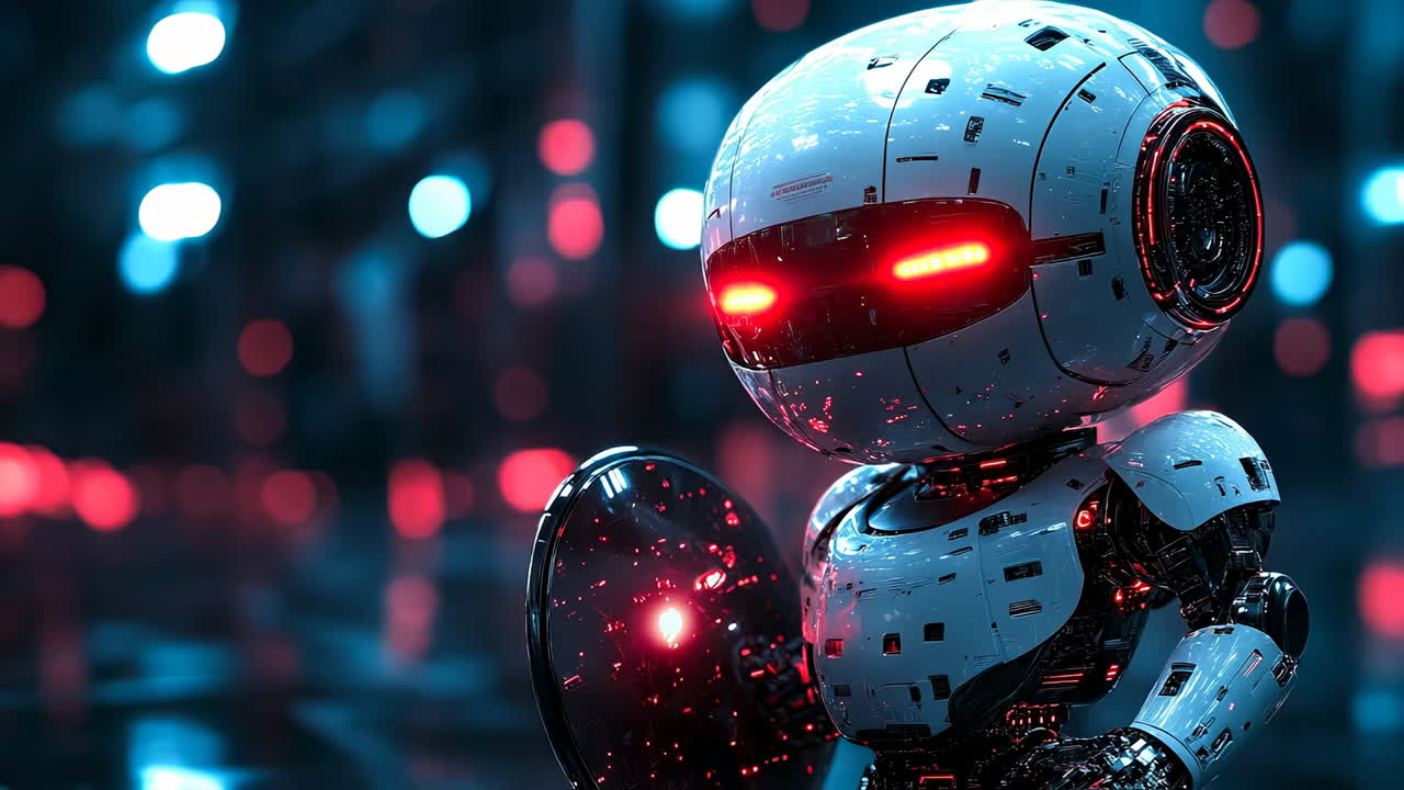 Gelecekteki bir şehirde gece robot. Neon ışıklı bir şehirde şık bir robot duruyor ve karanlık bir gökyüzü altında parlak ışıkları yansıtıyor.