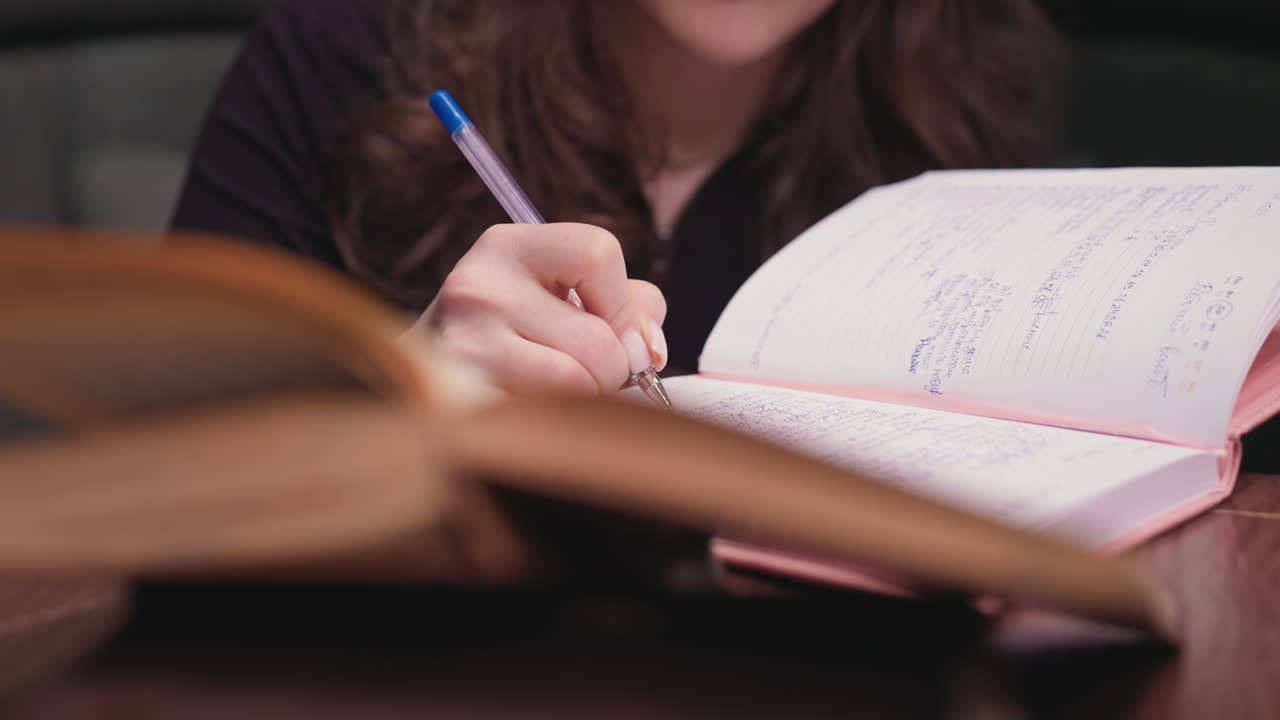 Close up of woman holding pen and writing in pink notebook with visible blue ink handwriting on lined page while brown book lies open in foreground, creating focused and creative atmosphere