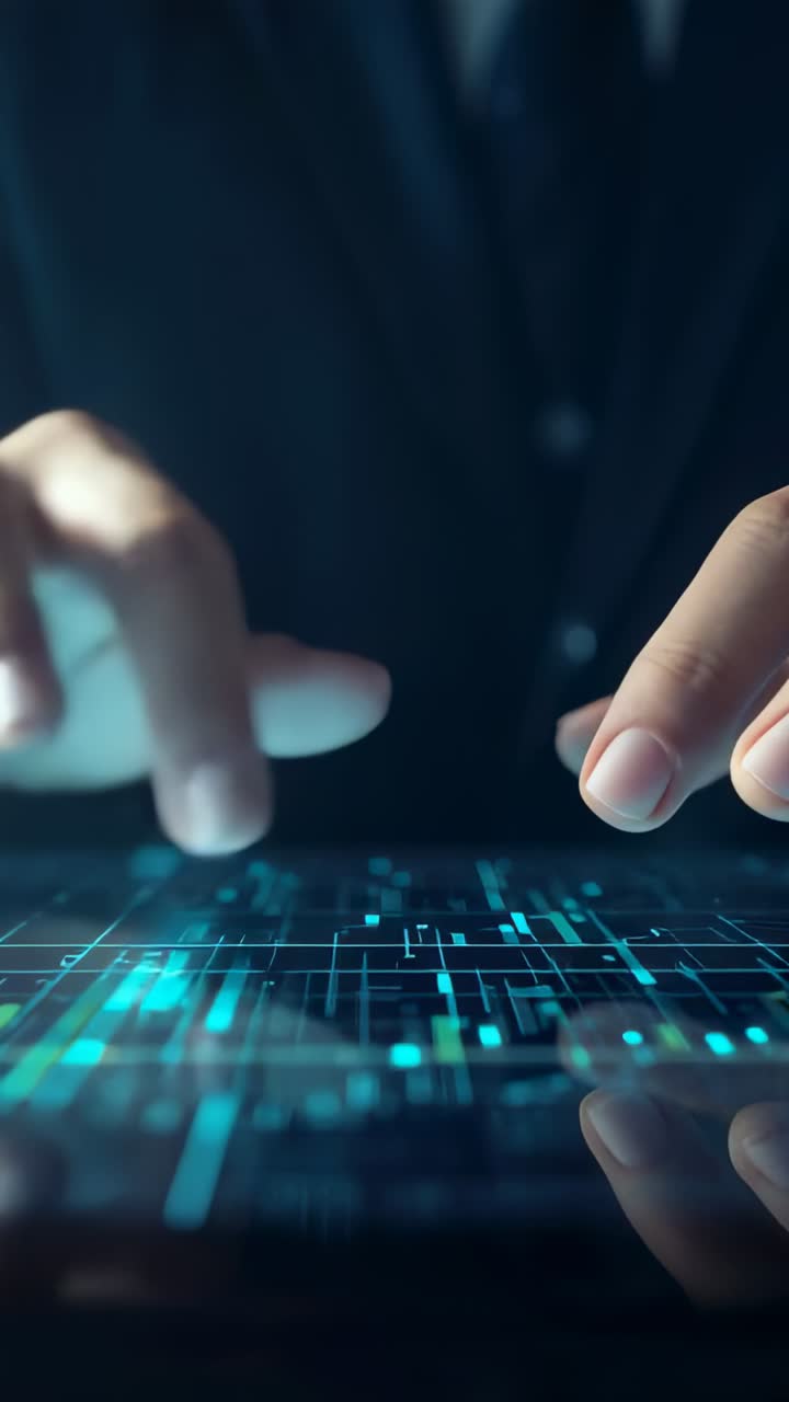 Vertical video: Hovering suit-clad hands configuring data layout on touchscreen, pulsing data nodes