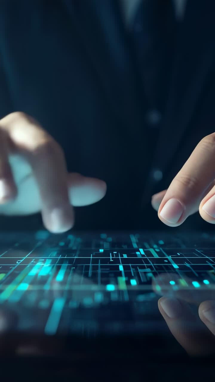 Vídeo vertical: manos vestidas con traje flotando y configurando el diseño de datos en una pantalla táctil, nodos de datos pulsantes
