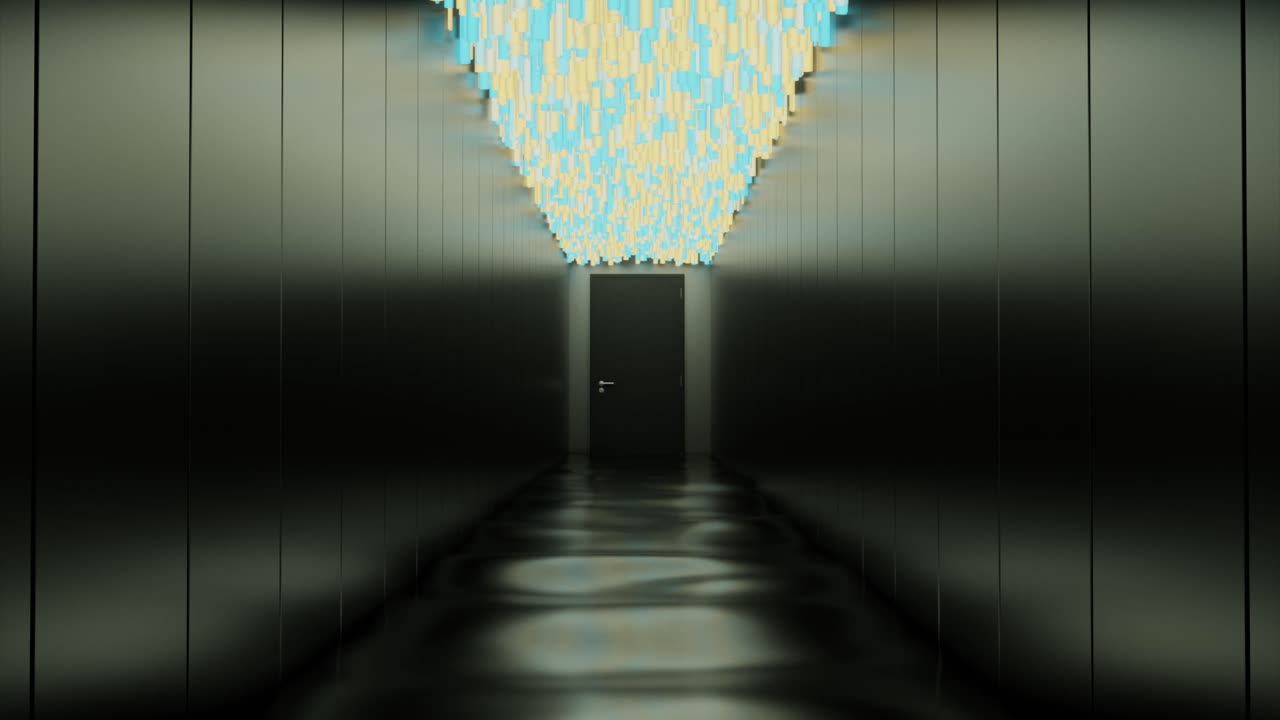 un corredor largo y oscuro con luces de neón