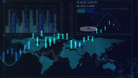 animation of line with financial data processing over world map