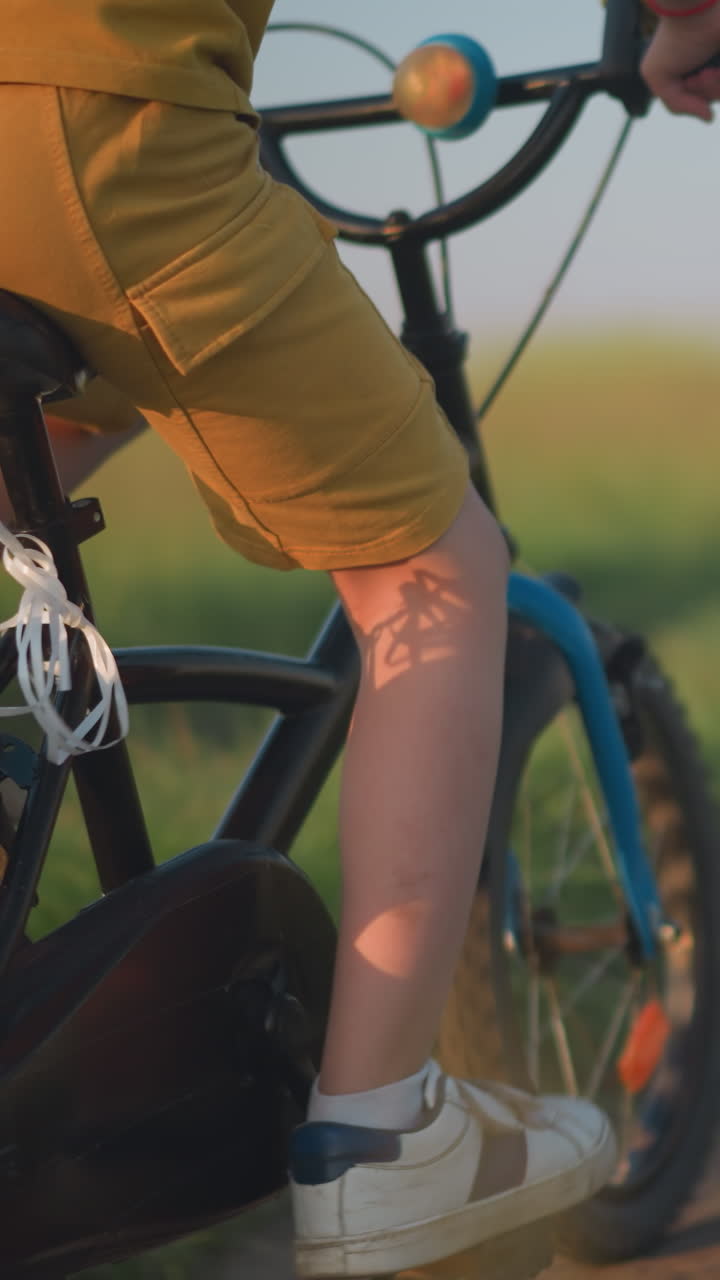 A young boy, dressed in yellow, rides his bicycle through a grassy field at sunset. Vibrant red, blue, and yellow balloons are tied to the back of his bike. The boy's face is not visible
