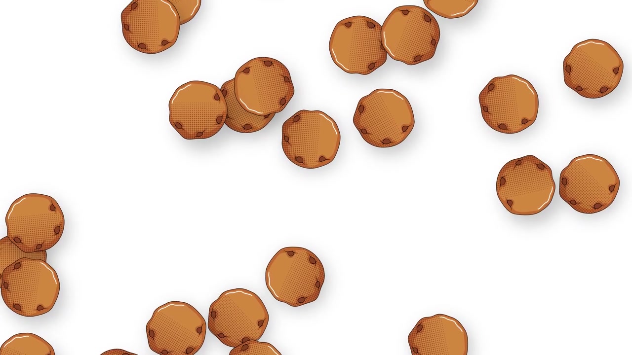 Biscotti con gocce di cioccolato in stile cartone animato che cadono verticalmente attraverso l'inquadratura con ombre morbide su sfondo bianco