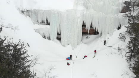 ice climbing on a nice formation from a drone's view