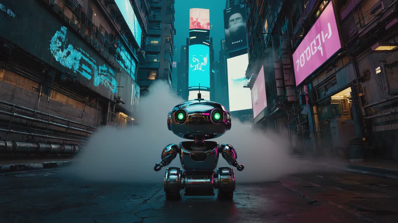A robot in a futuristic cyberpunk city