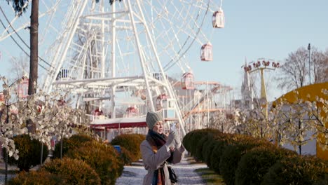 mujer tomando una foto de una rueda de la ferris en un parque