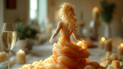 chic dessert and champagne toast. a stunning dessert features a sculpted figure surrounded by candles and champagne, creating a festive atmosphere.