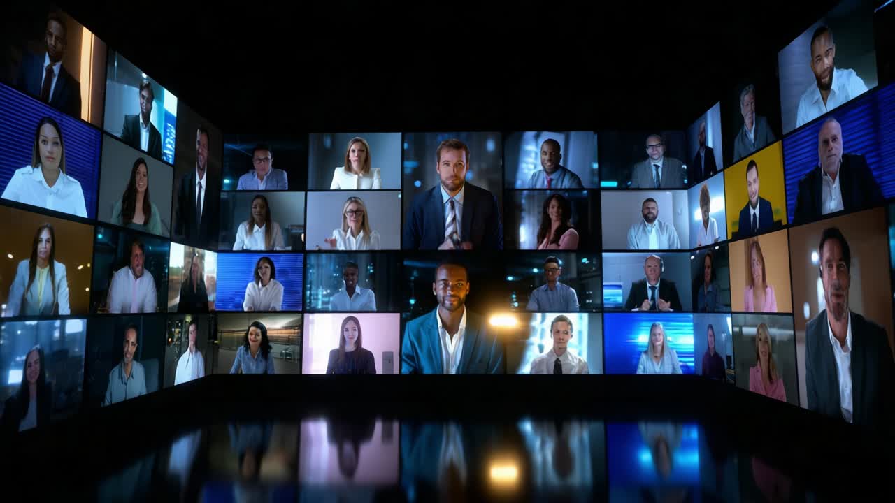 A Dynamic Virtual Conference Displaying Diverse Professional Faces Amidst Multiple Screens Reflecting Engagement, Communication, and Collaboration in a Modern Digital Environment