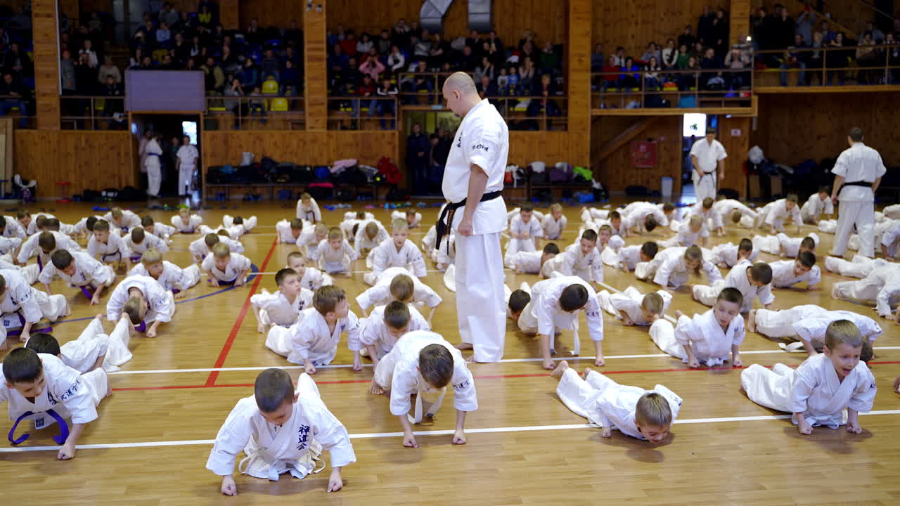 Doing push-ups during karate master class in the gym. Coaches walk among the rows to supervise young sportsmen.