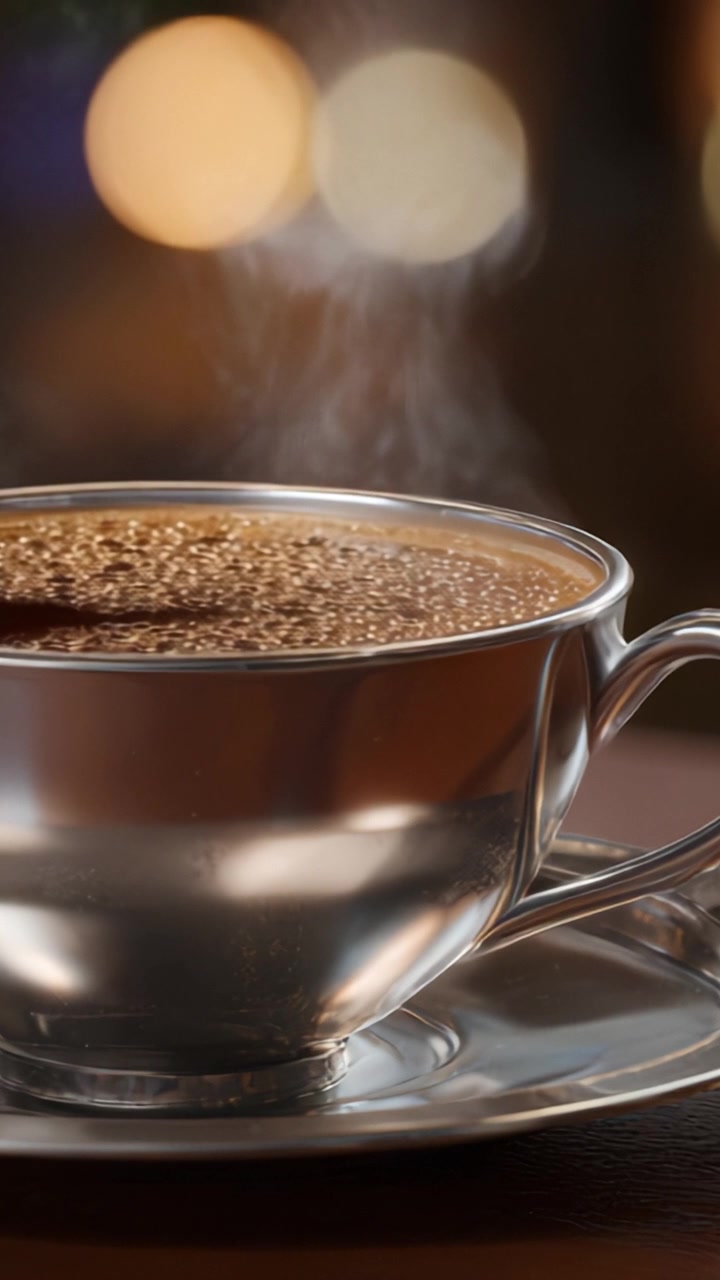 Nærbillede af en dampende kop kaffe med bokeh-baggrund, der fanger den rige aroma og varme fra en perfekt bryg i en stilfuld sølvkop