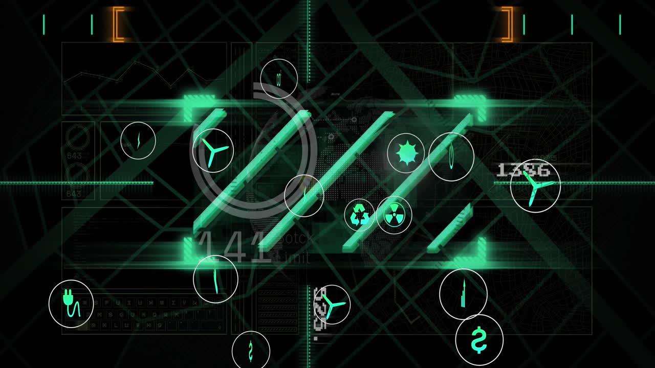 animación de iconos, gráficos, círculos de carga y números cambiantes sobre el patrón de navegación.