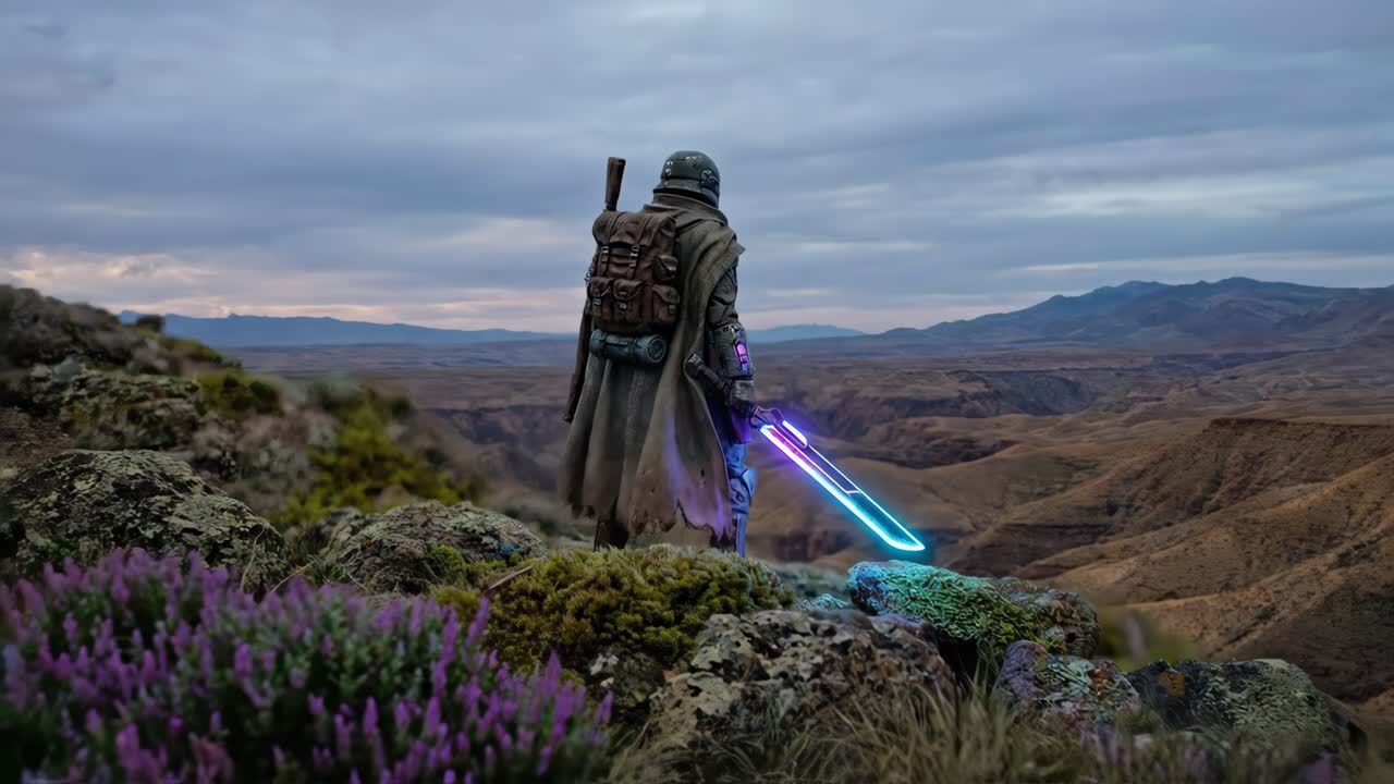 Guerriero futuristico con spada luminosa che guarda un vasto canyon desertico