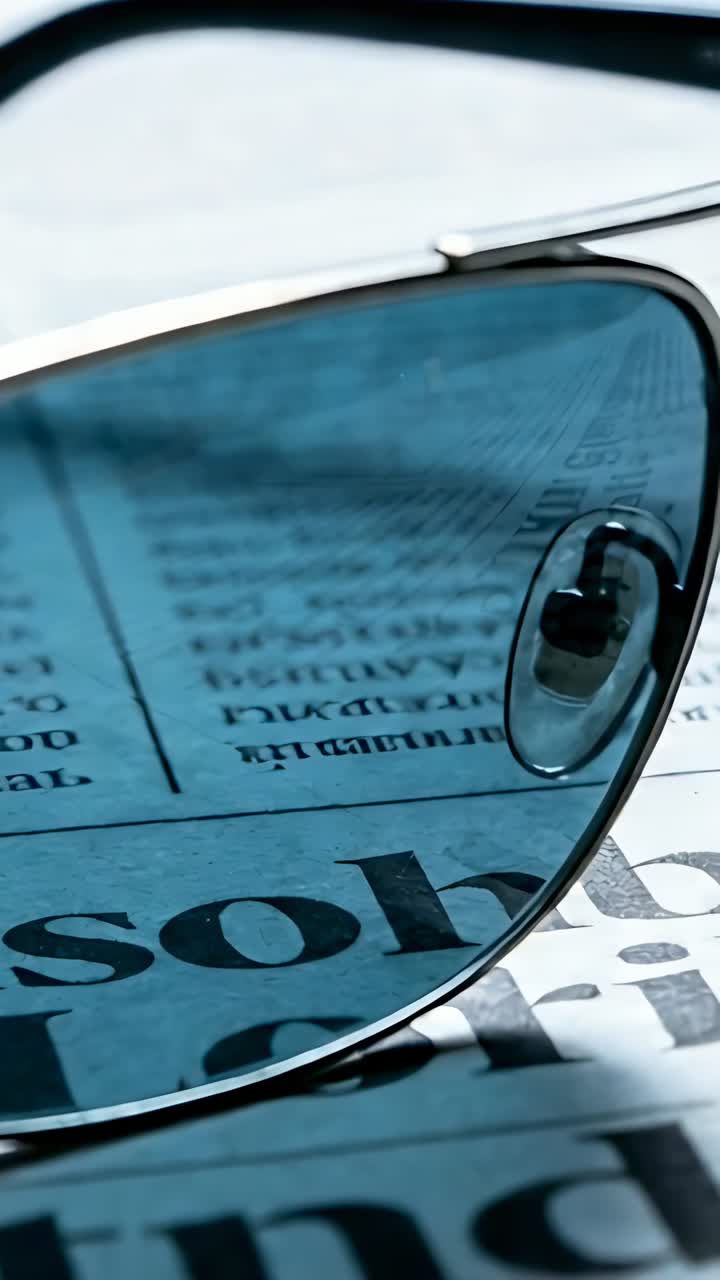 Vertical video: Shifting camera sharpening right-lens aviators on table, revealing paper text, rim