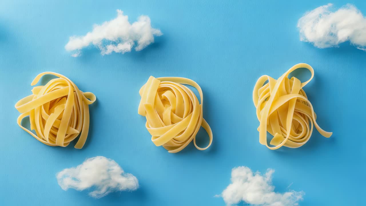 Fettuccine pasta nests floating weightlessly across cloudlike blue background, presenting surreal culinary landscape with minimalist artistic approach