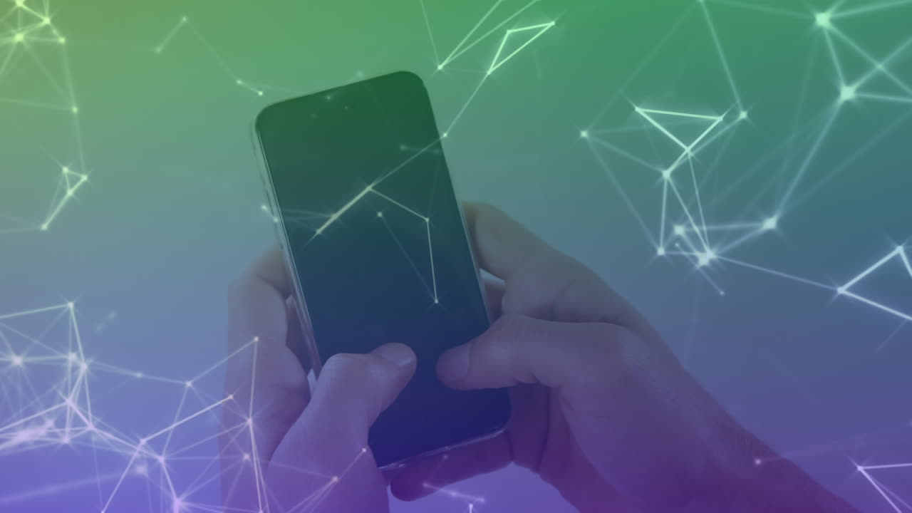 백그라운드에서 스마트폰을 사용하는 여성에 대한 연결 네트워크의 애니메이션