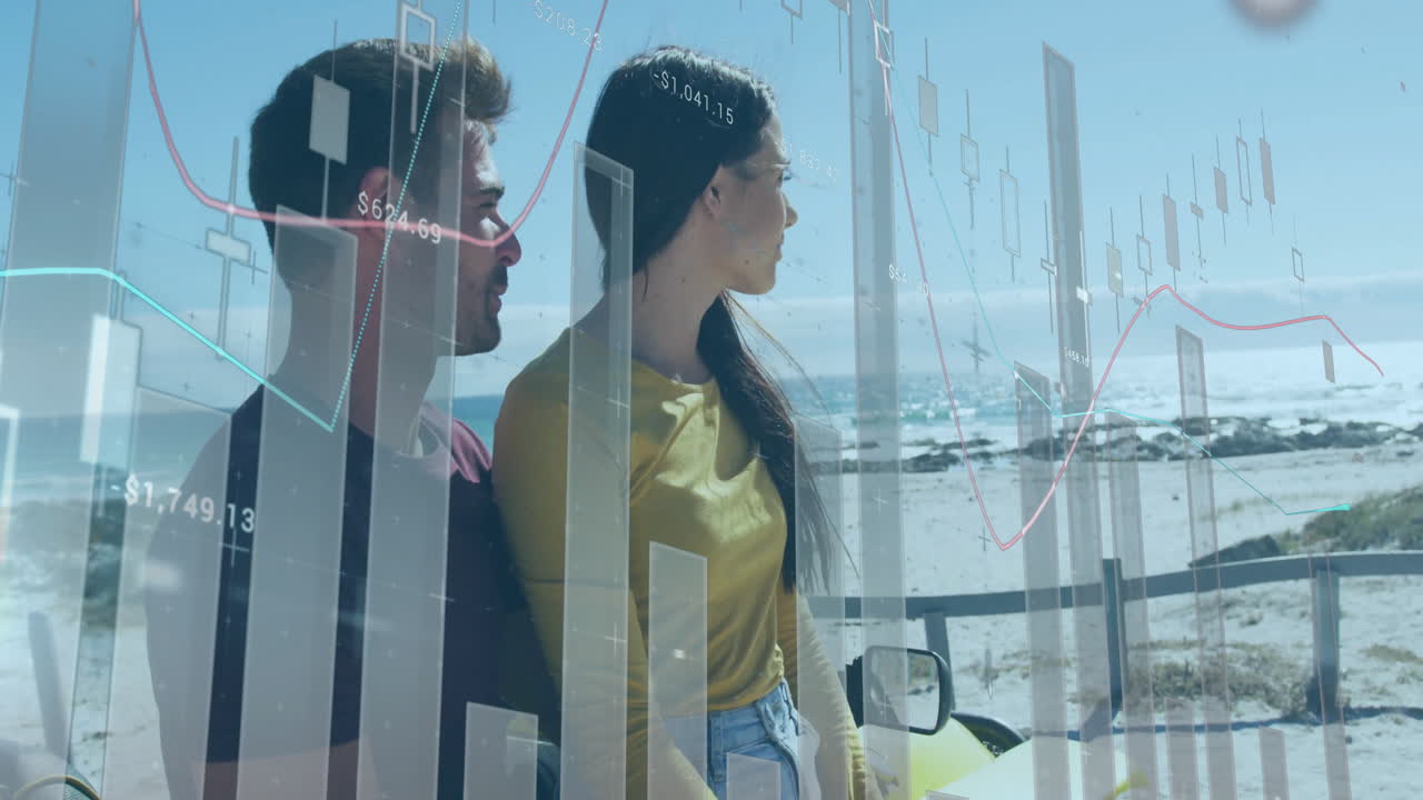 Couple standing beside yellow car at seaside, viewing floating financial charts and line graphs
