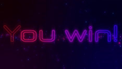 animation of you win text in flickering neon letters over blue and red spotlights