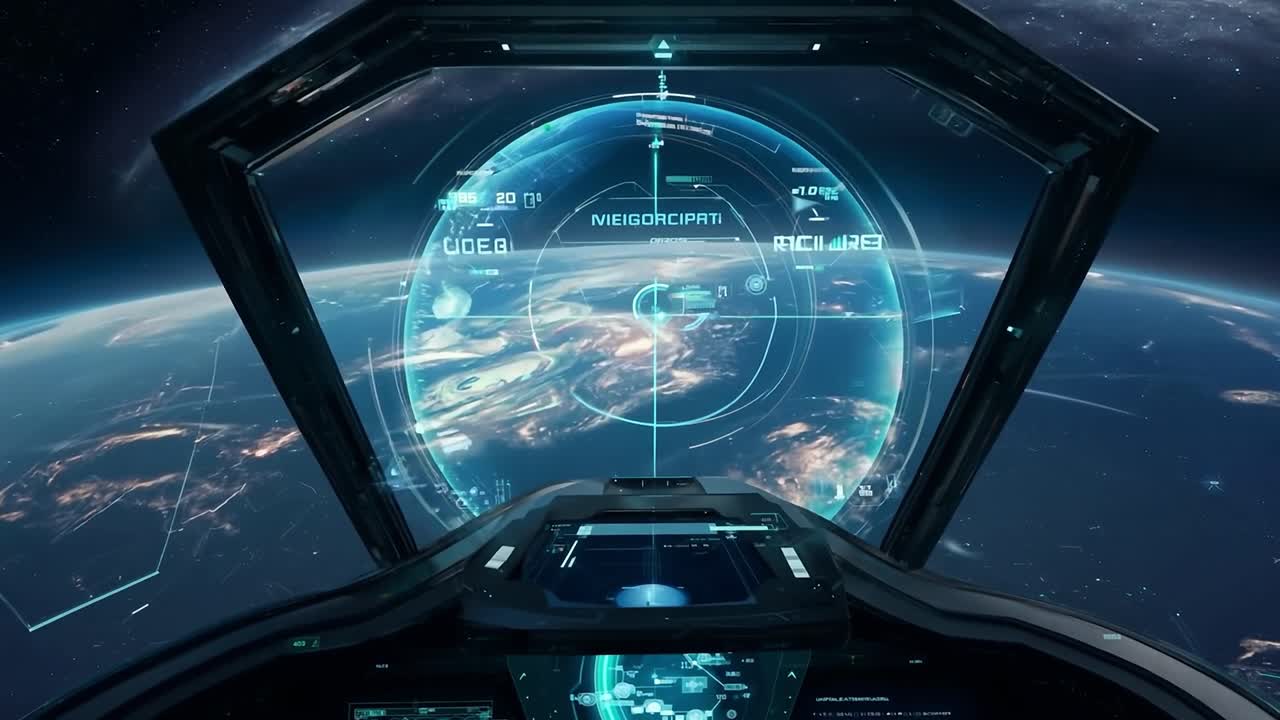 미래의 우주선 조종실에서 지구를 바라보는 모습
