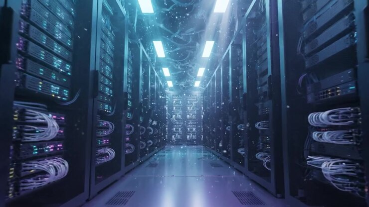 A Modern Data Center Showcasing High-Tech Servers with Glowing Lights and Cables in a Futuristic Environment, Perfect for IT and Networking Enthusiasts