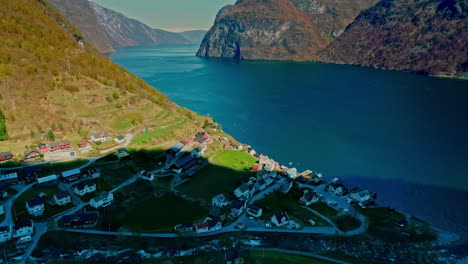 village houses on shore of aurlandsfjord in vestland county, norway